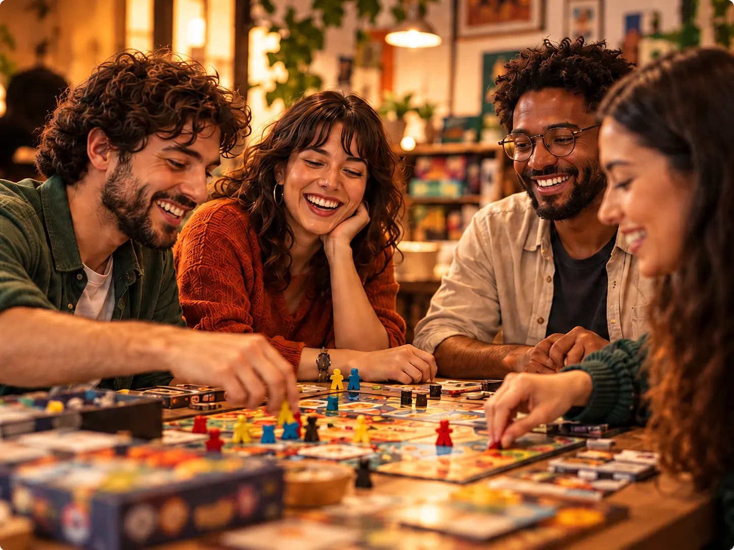Pessoas reunidas em volta de um jogo de tabuleiro em um ambiente acolhedor.