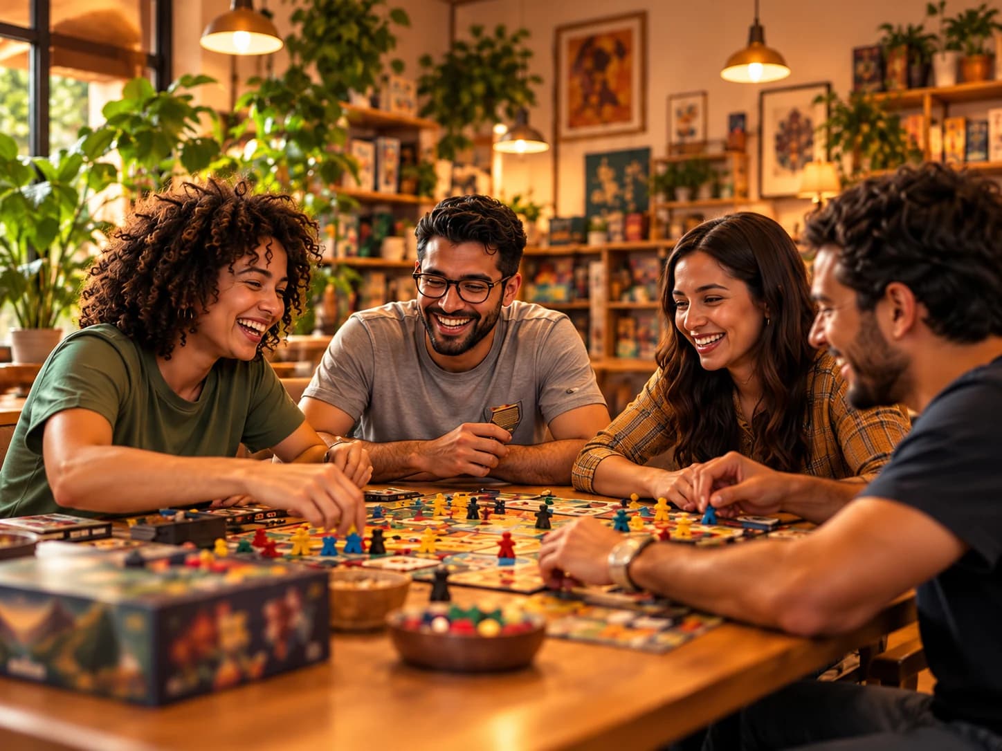 Quatro pessoas sorrindo enquanto jogam juntas em volta de uma mesa.